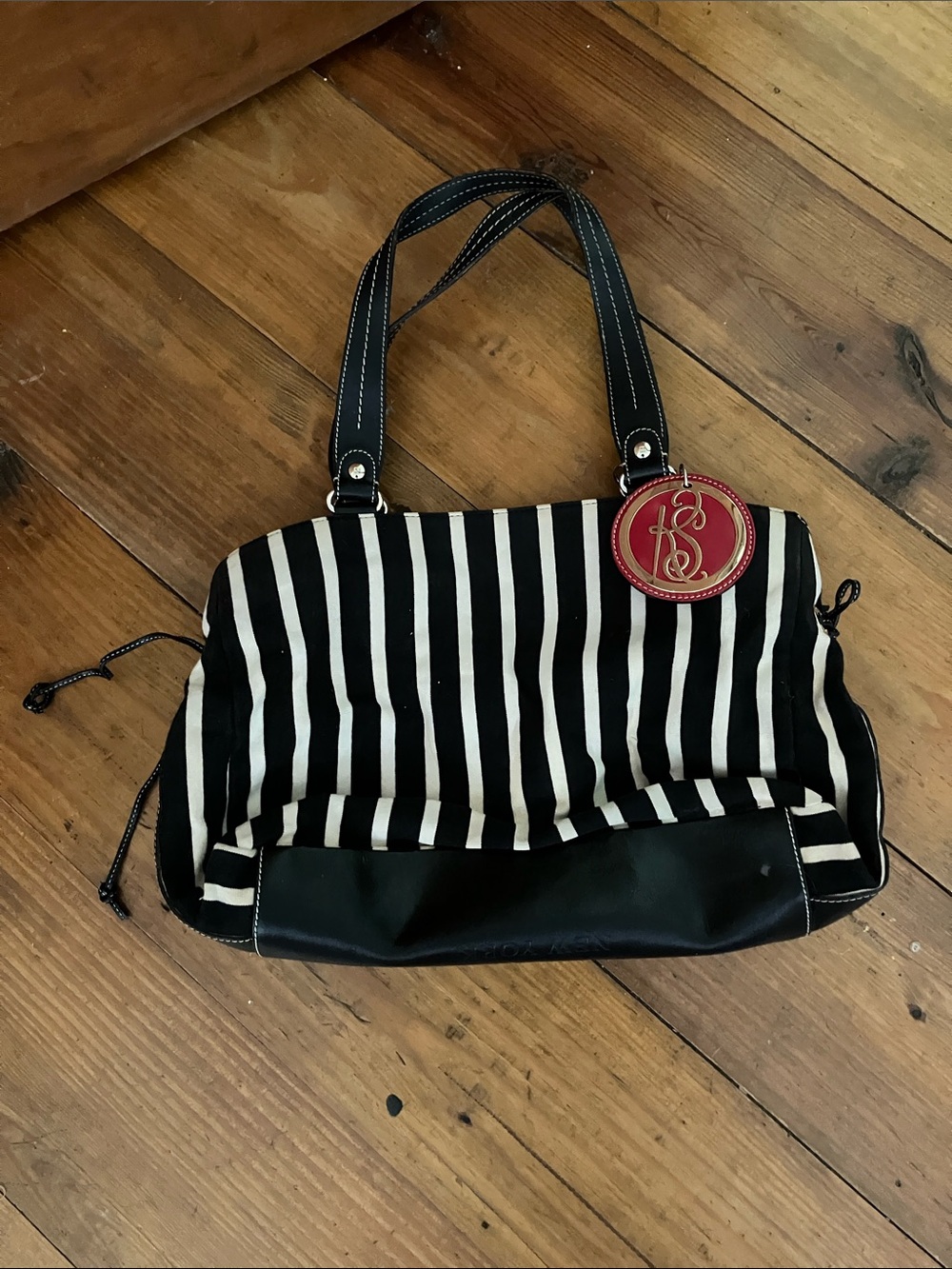 kate spade Black and White Striped Tote with Red Monogram Charm